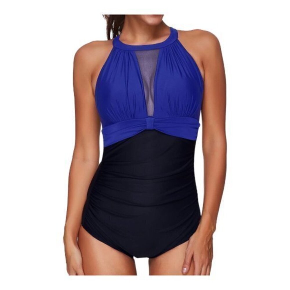 Swimsuit High Neck Plunge Mesh Ruched Swimwear Black Blue Size Large NWT #0657